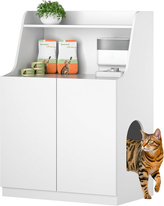 Large/Tall Litter Box Enclosure, Modern Wooden Litter Box Furniture for XL Litterbox with Open Shelf as Sideboard Cabinet (White)
