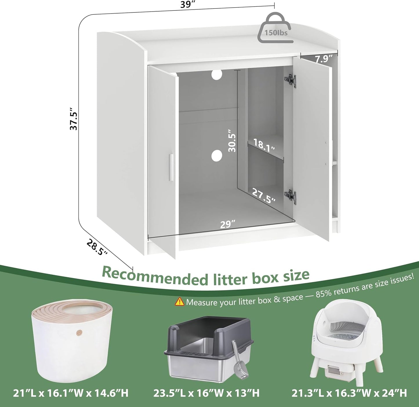 Extra Large Cat Litter Box Enclosure with Dog-Proof Shelf - Designed for Self-Cleaning & XXL Litter Boxes, Fits Litter Robot 3/4 (White)