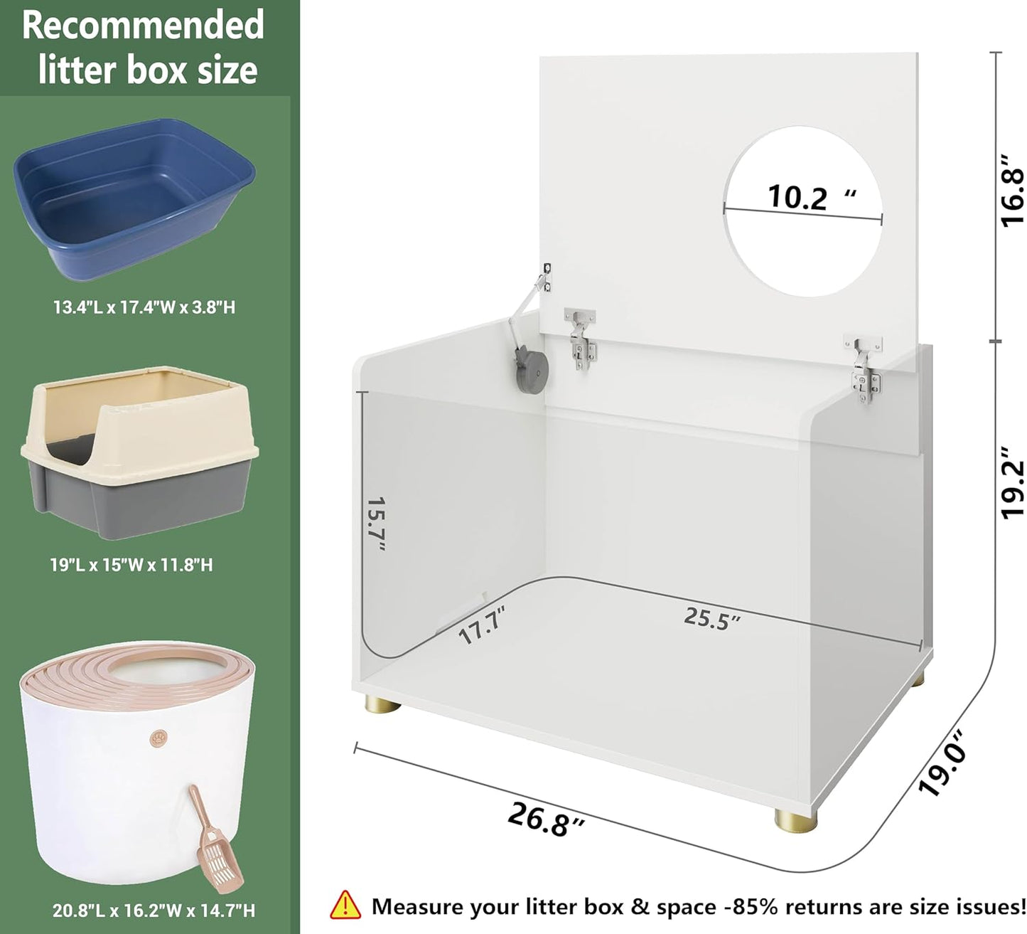 Top Entry Litter Box Enclosure, Modern Flip Top Litter Box Furniture with Cat Scratch Mat, Side Table (White)