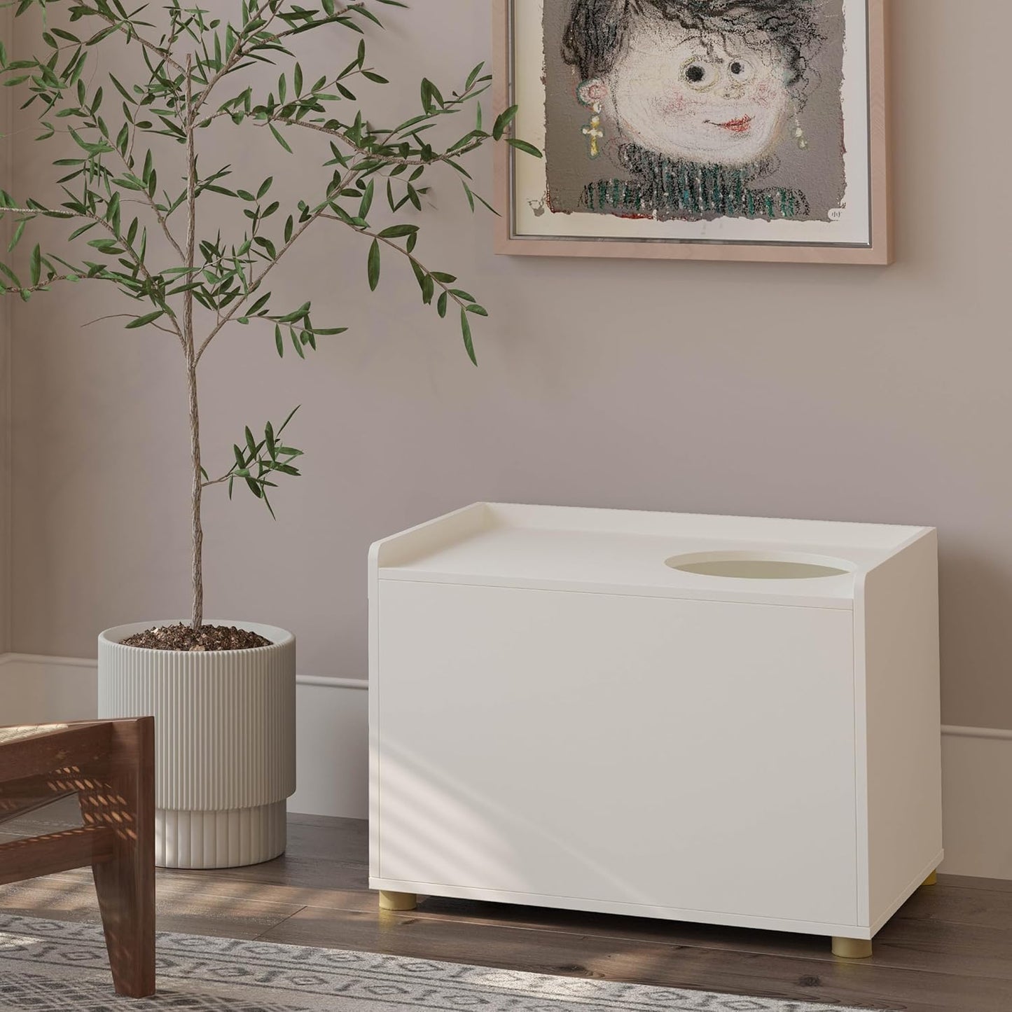 Top Entry Litter Box Enclosure, Modern Flip Top Litter Box Furniture with Cat Scratch Mat, Side Table (White)