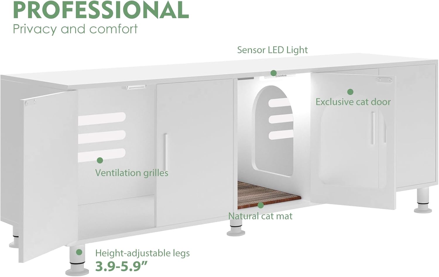 Double Litter Box Enclosure, Litter Box Enclosure for 2 Litter Boxes, Modern Litter Box Furniture for 2 Cats, with Cat Door & Motion Light (White)