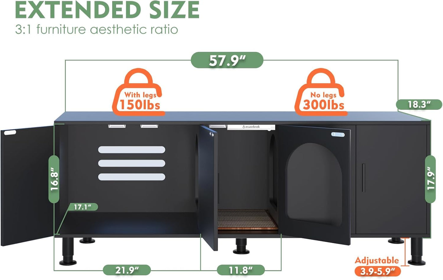 Double Litter Box Enclosure, Litter Box Enclosure for 2 Litter Boxes, Modern Litter Box Furniture for 2 Cats, with Cat Door & Motion Light (Black)