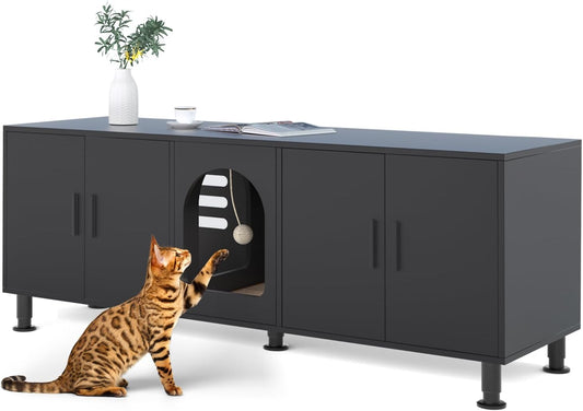 Double Litter Box Enclosure, Litter Box Enclosure for 2 Litter Boxes, Modern Litter Box Furniture for 2 Cats, with Cat Door & Motion Light (Black)