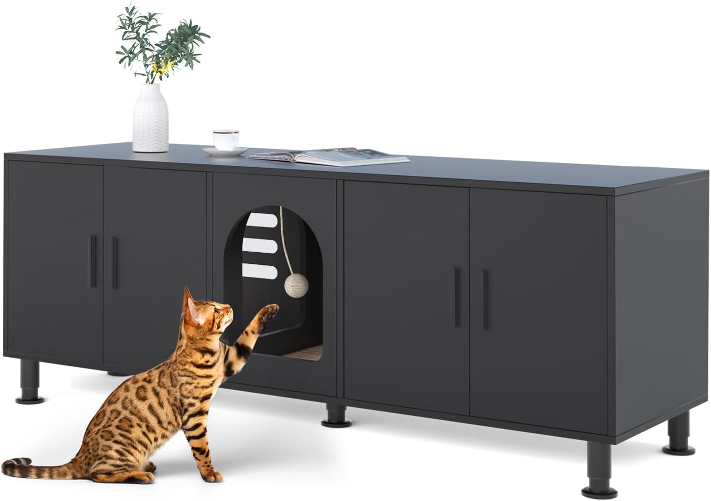 Double Litter Box Enclosure, Litter Box Enclosure for 2 Litter Boxes, Modern Litter Box Furniture for 2 Cats, with Cat Door & Motion Light (Black)