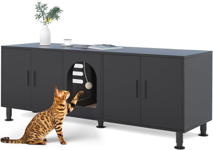 Double Litter Box Enclosure, Litter Box Enclosure for 2 Litter Boxes, Modern Litter Box Furniture for 2 Cats, with Cat Door & Motion Light (Black)