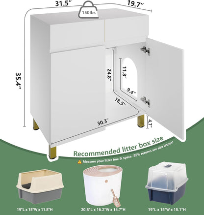 Large/Tall Litter Box Enclosure, Modern Wooden Litter Box Furniture for XL Litterbox with Drawer as Sideboard Cabinet (White)