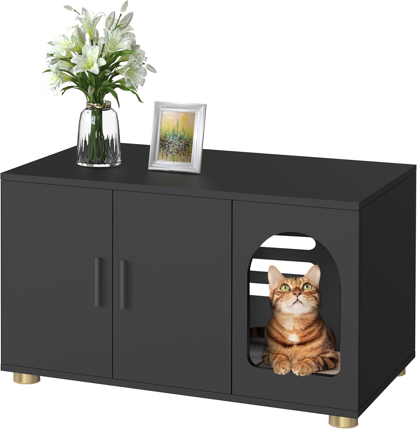 Cat Litter Box Enclosure Furniture, Modern Stackable Litter Box Cabinet with Cat Scratch Mat, Side Table (Black)