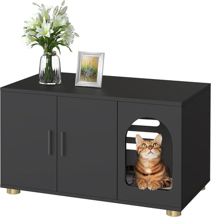 Cat Litter Box Enclosure Furniture, Modern Stackable Litter Box Cabinet with Cat Scratch Mat, Side Table (Black)