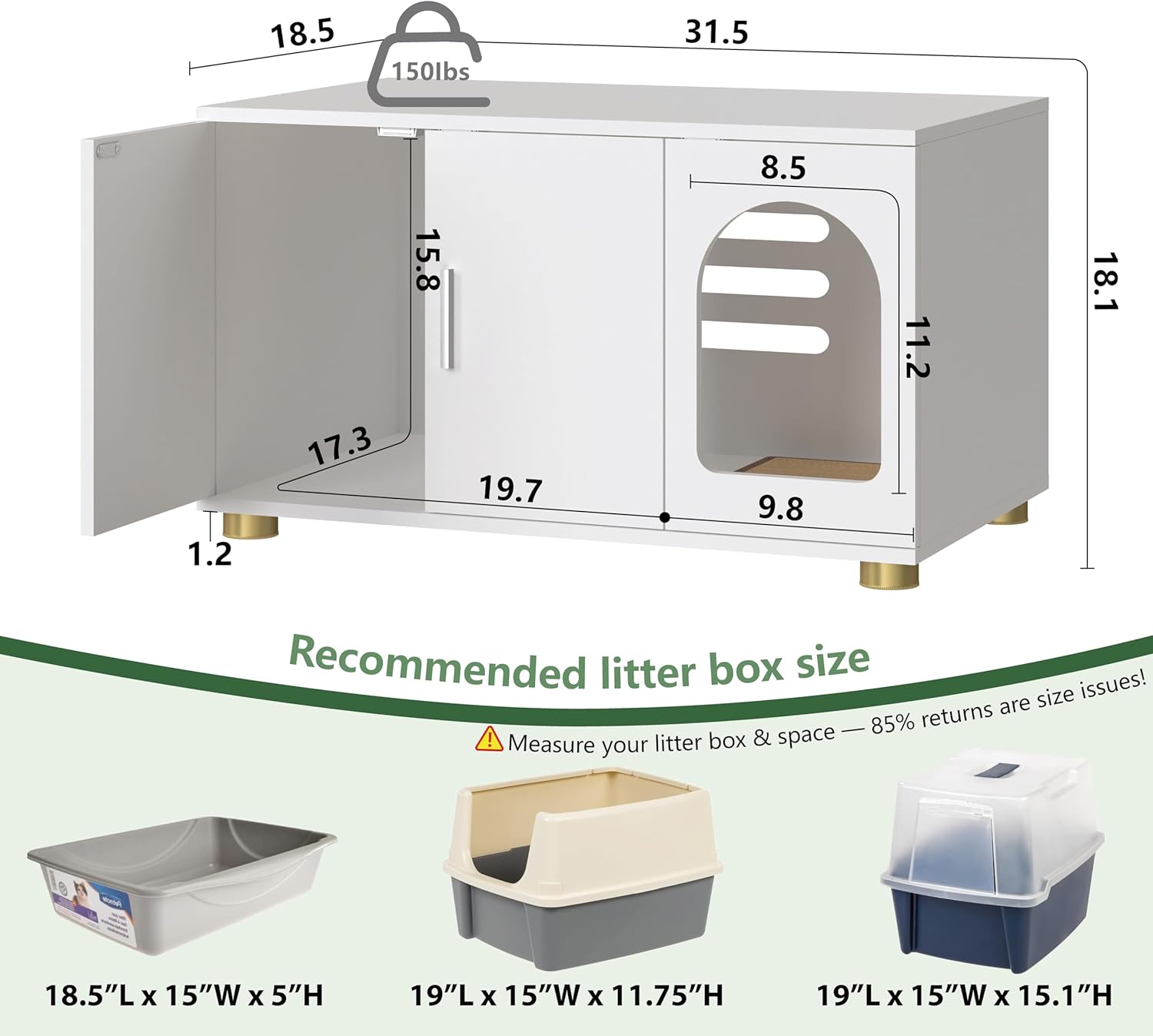 Cat Litter Box Enclosure Furniture, Modern Stackable Litter Box Cabinet with Cat Scratch Mat, Side Table (White)