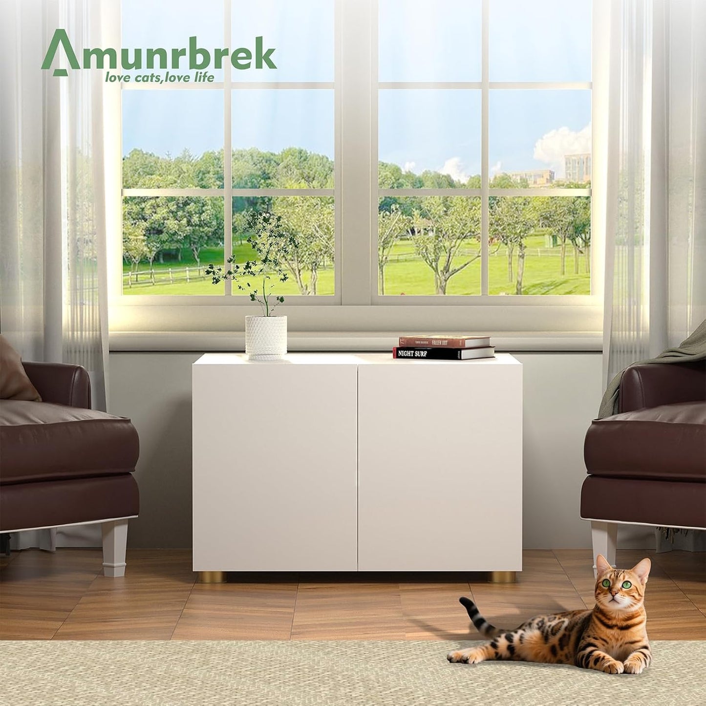 Small Litter Box Enclosure, Sleek Modern Cat Litter Box Cabinet Furniture, Wooden Cat House, End Table (White)