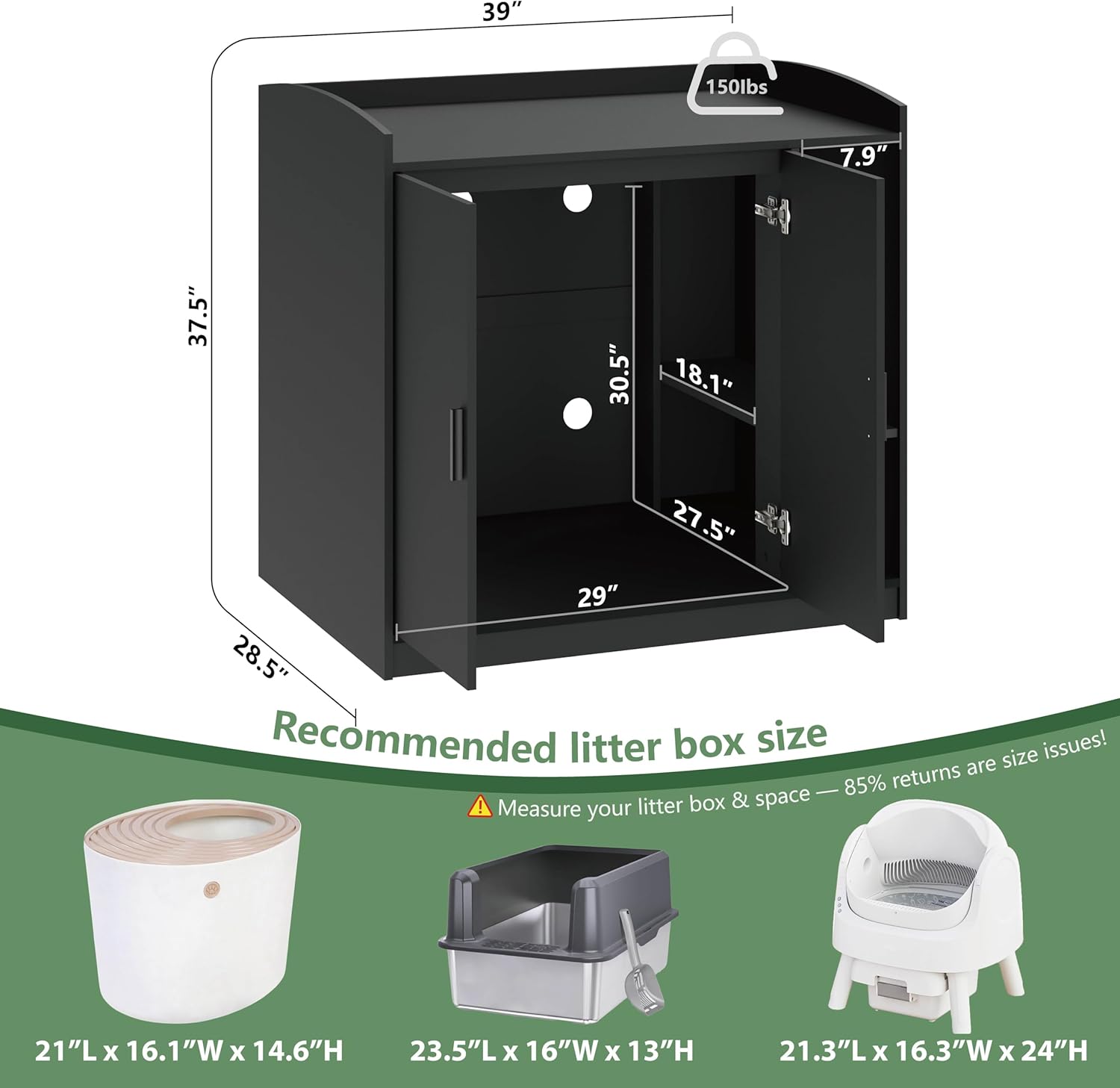 Extra Large Cat Litter Box Enclosure with Dog-Proof Shelf - Designed for Self-Cleaning & XXL Litter Boxes, Fits Litter Robot 3/4 (Black)