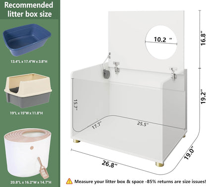 Top Entry Litter Box Enclosure, Modern Flip Top Litter Box Furniture with Cat Scratch Mat, Side Table (White)