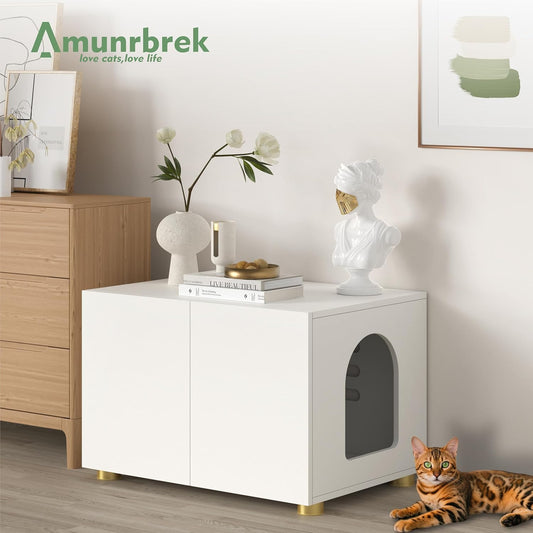 Small Litter Box Enclosure, Sleek Modern Cat Litter Box Cabinet Furniture, Wooden Cat House, End Table (White)