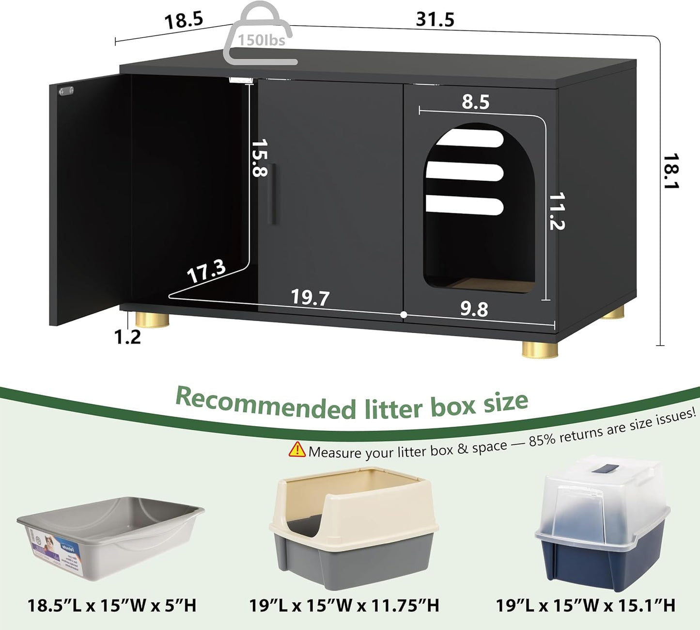 Cat Litter Box Enclosure Furniture, Modern Stackable Litter Box Cabinet with Cat Scratch Mat, Side Table (Black)
