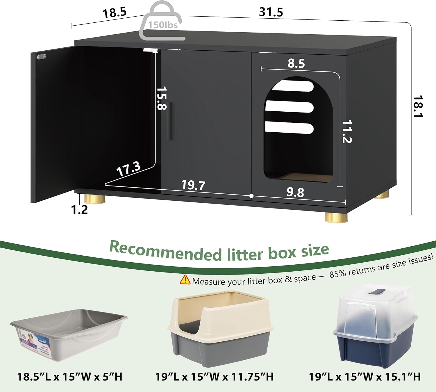 Cat Litter Box Enclosure Furniture, Modern Stackable Litter Box Cabinet with Cat Scratch Mat, Side Table (Black)