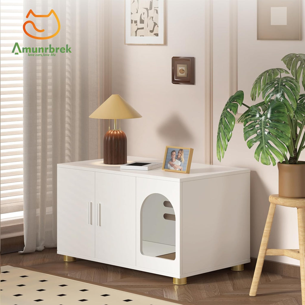 Cat Litter Box Enclosure Furniture, Modern Stackable Litter Box Cabinet with Cat Scratch Mat, Side Table (White)