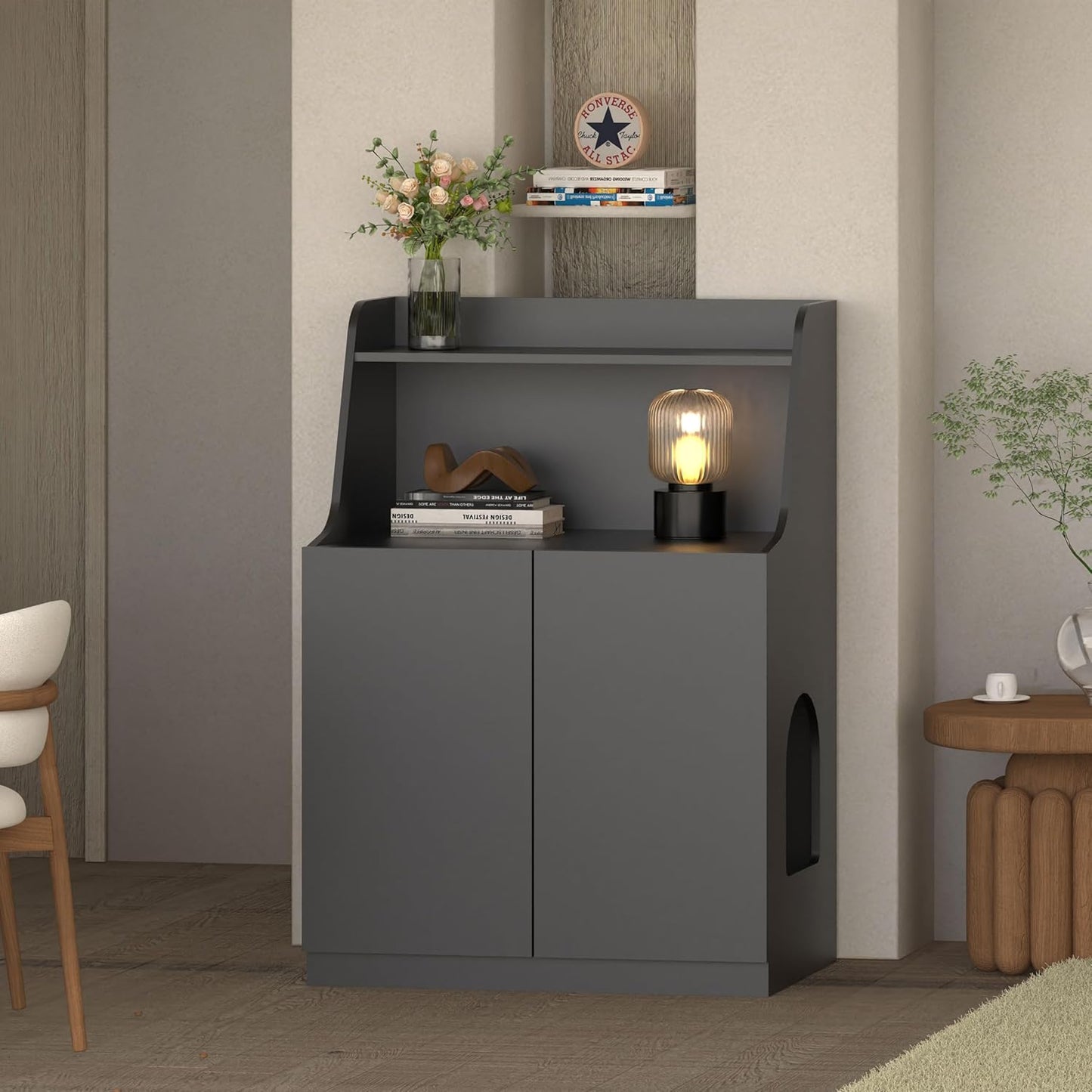 Large/Tall Litter Box Enclosure, Modern Wooden Litter Box Furniture for XL Litterbox with Open Shelf as Sideboard Cabinet (Black)
