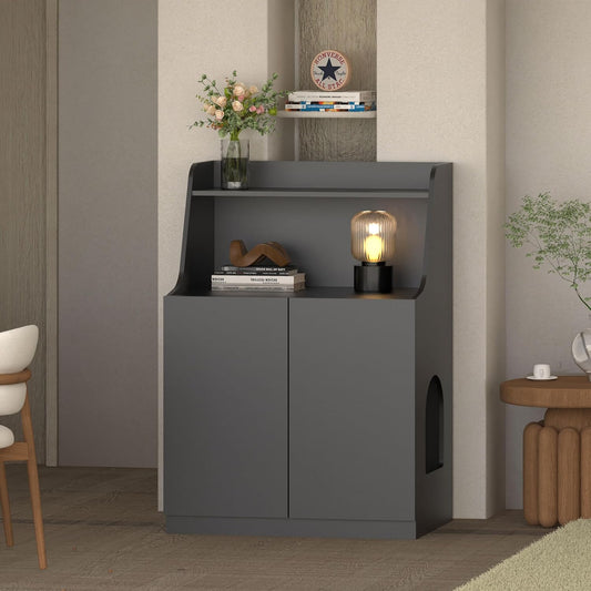 Large/Tall Litter Box Enclosure, Modern Wooden Litter Box Furniture for XL Litterbox with Open Shelf as Sideboard Cabinet (Black)