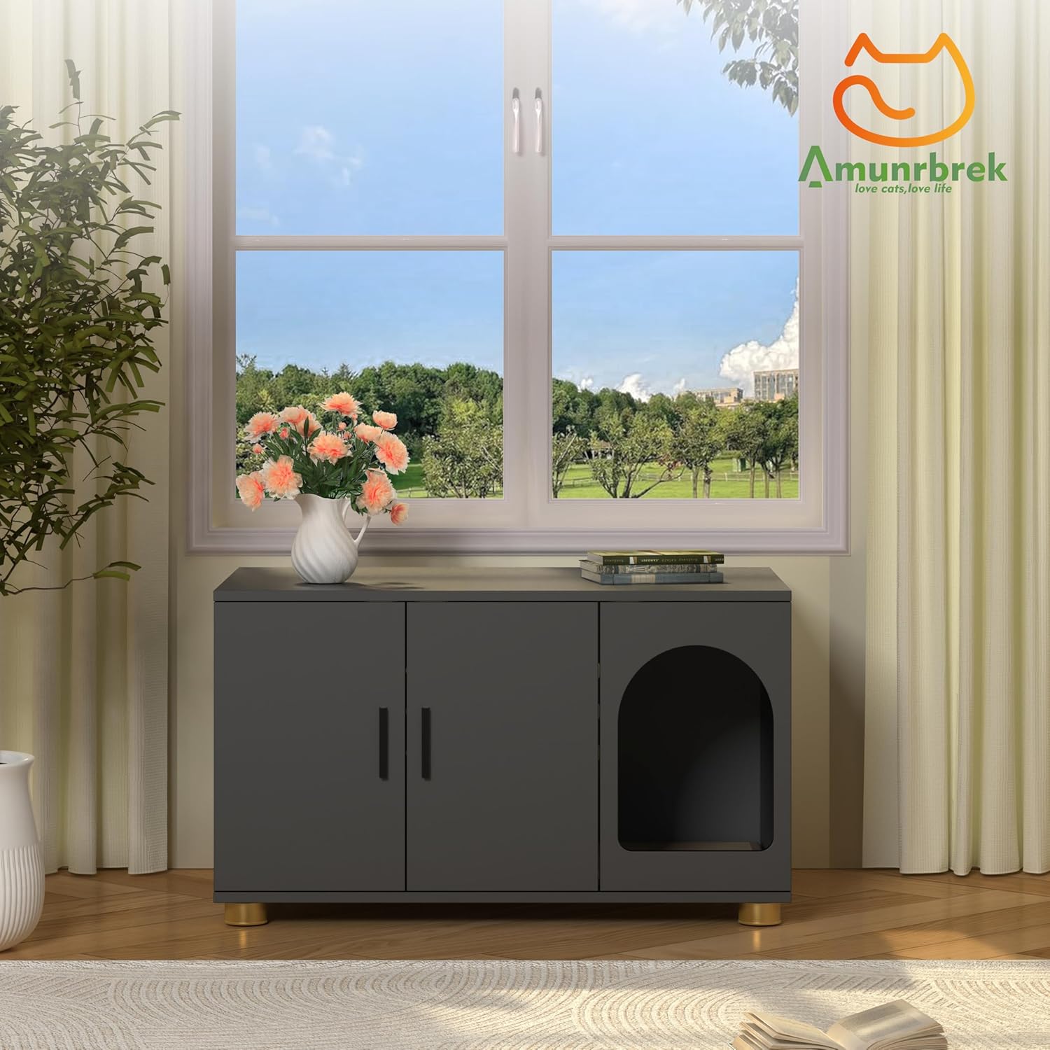 Cat Litter Box Enclosure Furniture, Modern Stackable Litter Box Cabinet with Cat Scratch Mat, Side Table (Black)