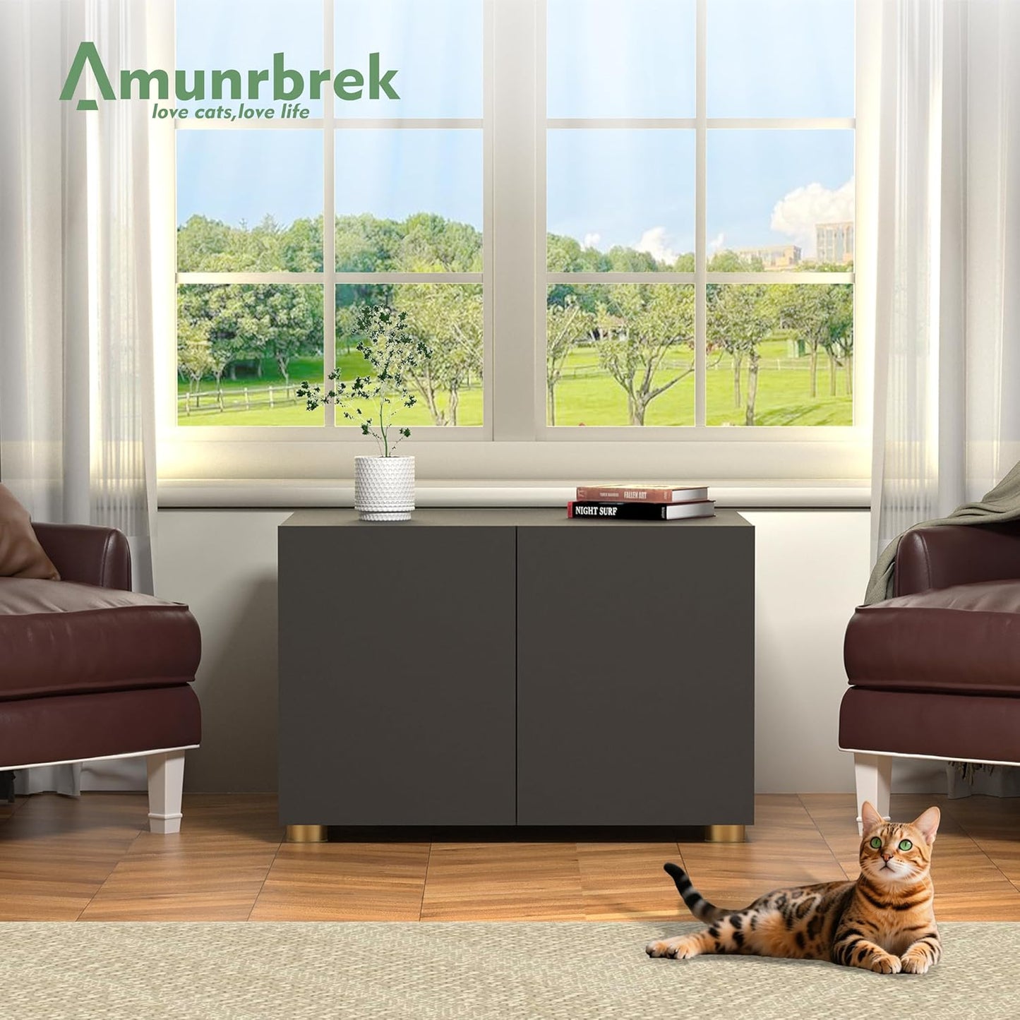 Small Litter Box Enclosure, Sleek Modern Cat Litter Box Cabinet Furniture, Wooden Cat House, End Table (Black)