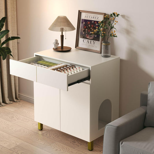 Large/Tall Litter Box Enclosure, Modern Wooden Litter Box Furniture for XL Litterbox with Drawer as Sideboard Cabinet (White)