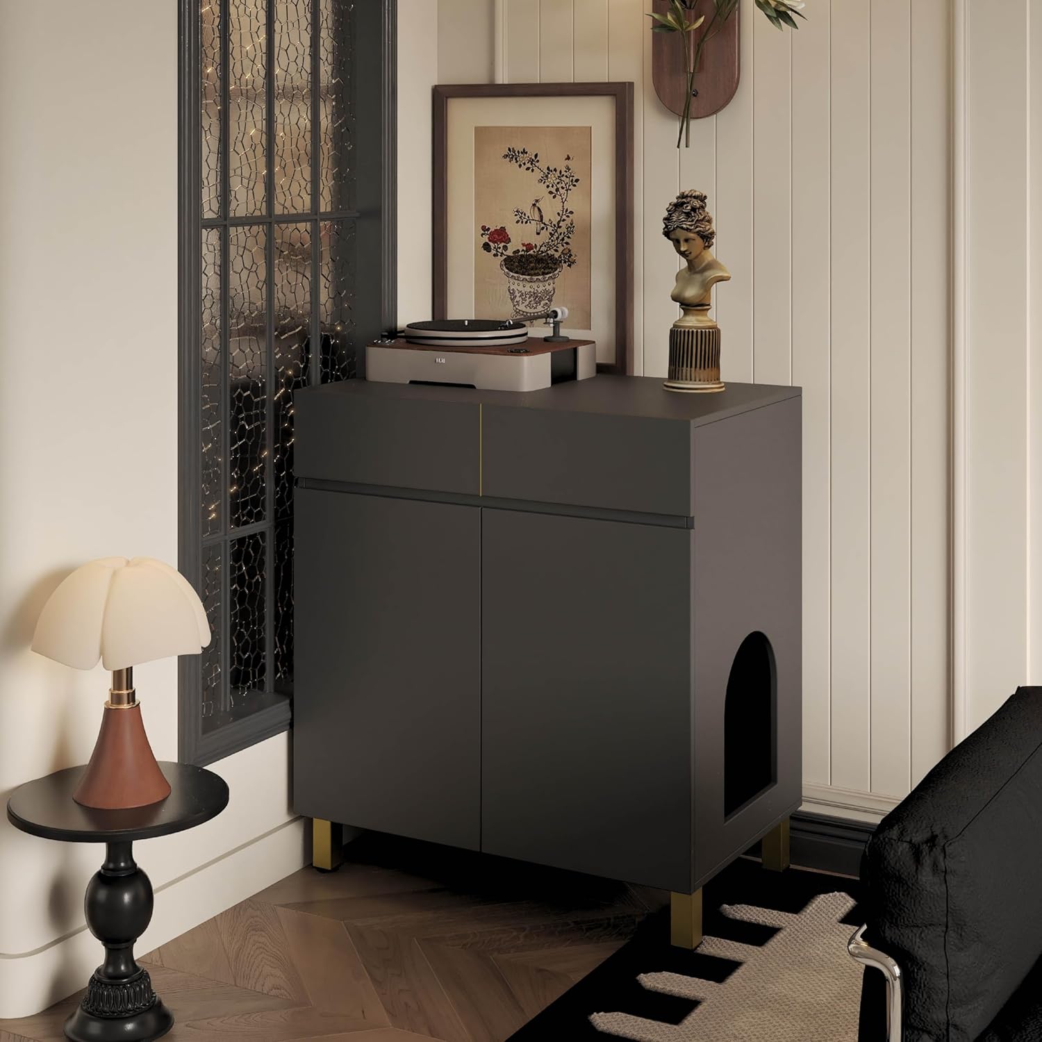 Large/Tall Litter Box Enclosure, Modern Wooden Litter Box Furniture for XL Litterbox with Drawer as Sideboard Cabinet (Black)
