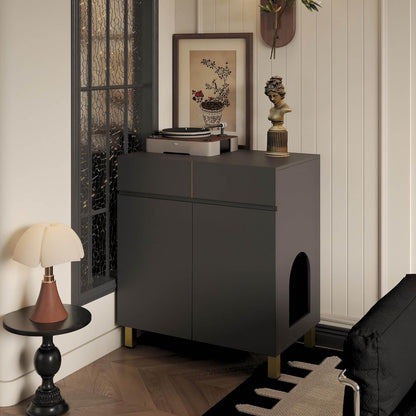 Large/Tall Litter Box Enclosure, Modern Wooden Litter Box Furniture for XL Litterbox with Drawer as Sideboard Cabinet (Black)