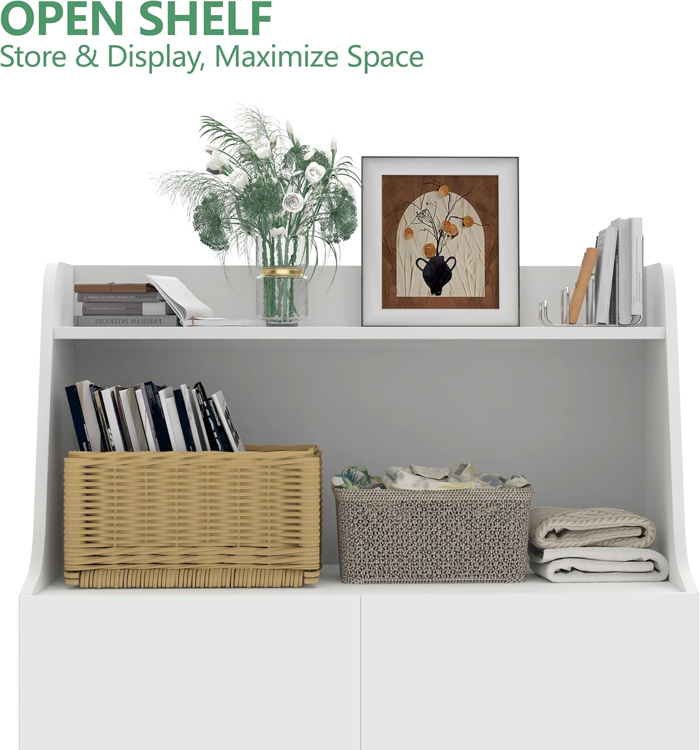 Large/Tall Litter Box Enclosure, Modern Wooden Litter Box Furniture for XL Litterbox with Open Shelf as Sideboard Cabinet (White)