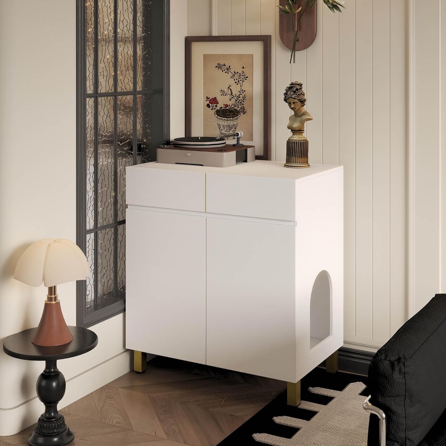 Large/Tall Litter Box Enclosure, Modern Wooden Litter Box Furniture for XL Litterbox with Drawer as Sideboard Cabinet (White)