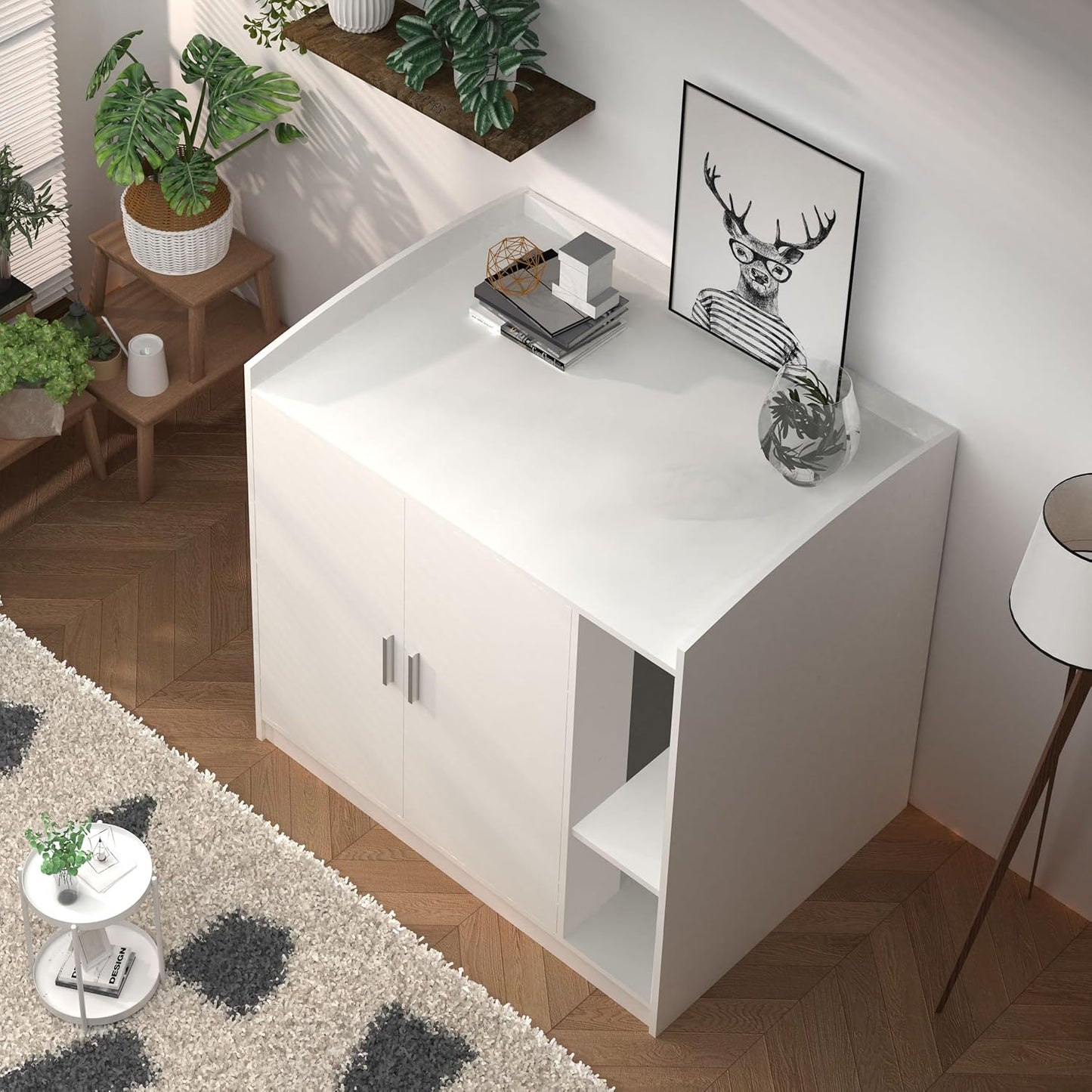 Extra Large Cat Litter Box Enclosure with Dog-Proof Shelf - Designed for Self-Cleaning & XXL Litter Boxes, Fits Litter Robot 3/4 (White)