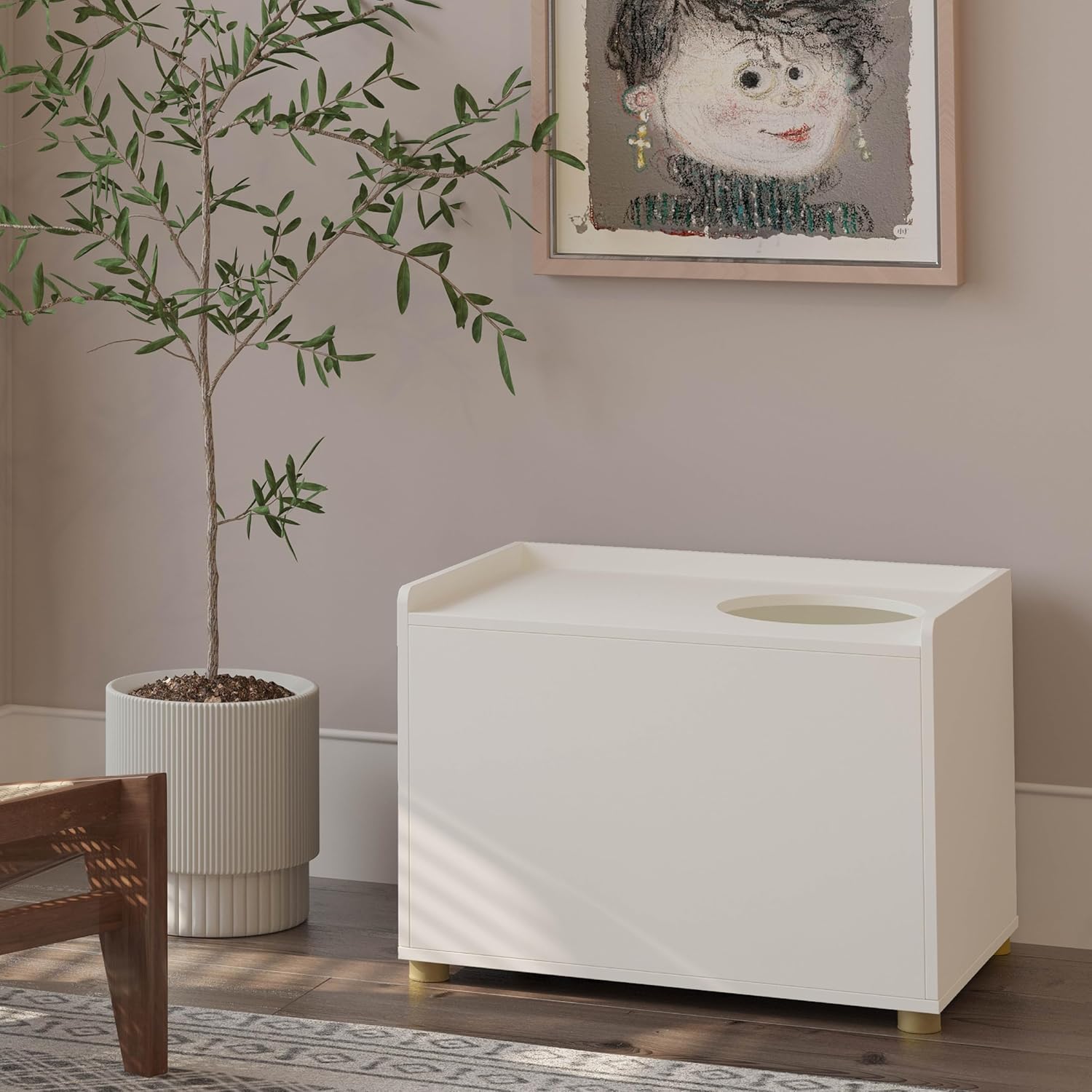 Top Entry Litter Box Enclosure, Modern Flip Top Litter Box Furniture with Cat Scratch Mat, Side Table (White)