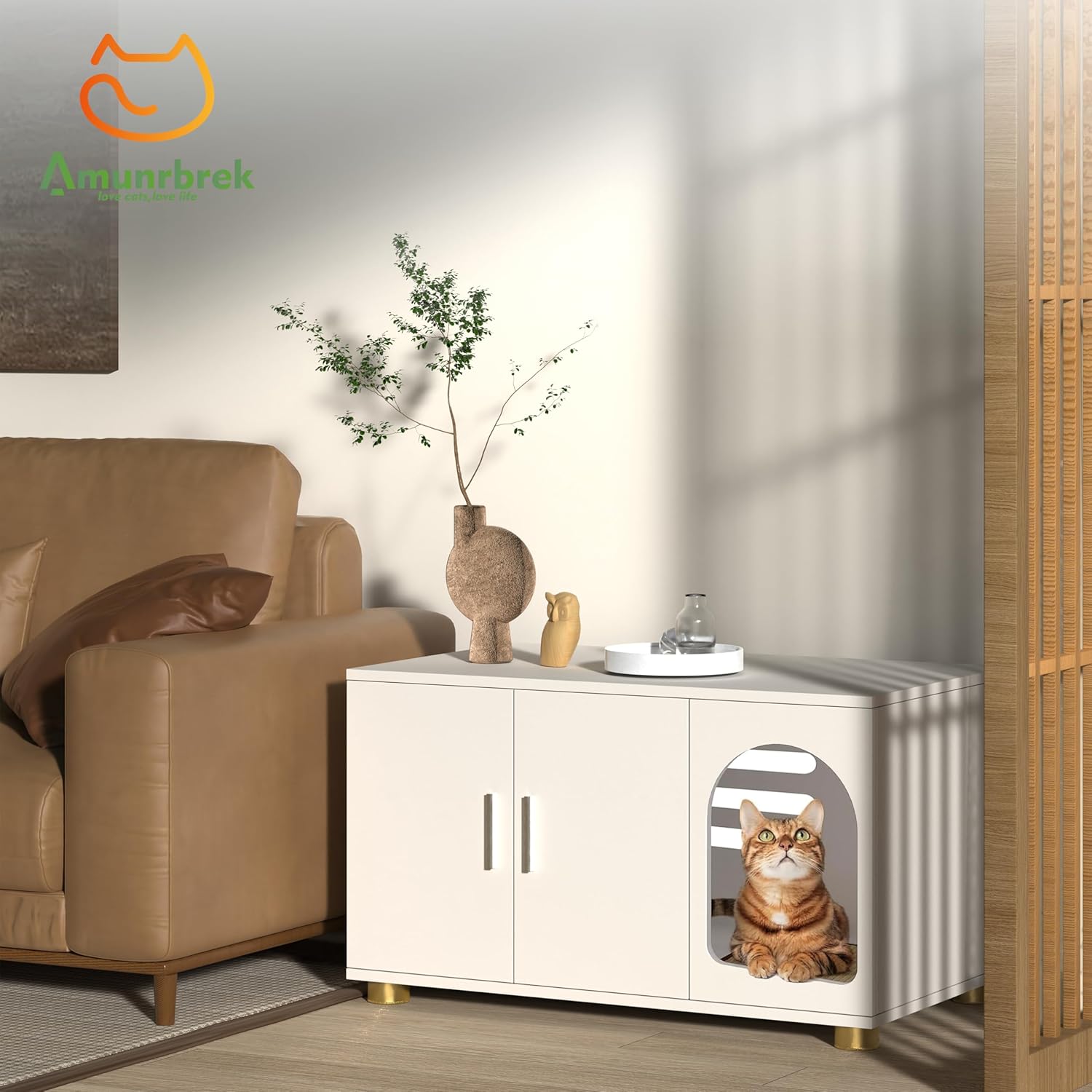 Cat Litter Box Enclosure Furniture, Modern Stackable Litter Box Cabinet with Cat Scratch Mat, Side Table (White)