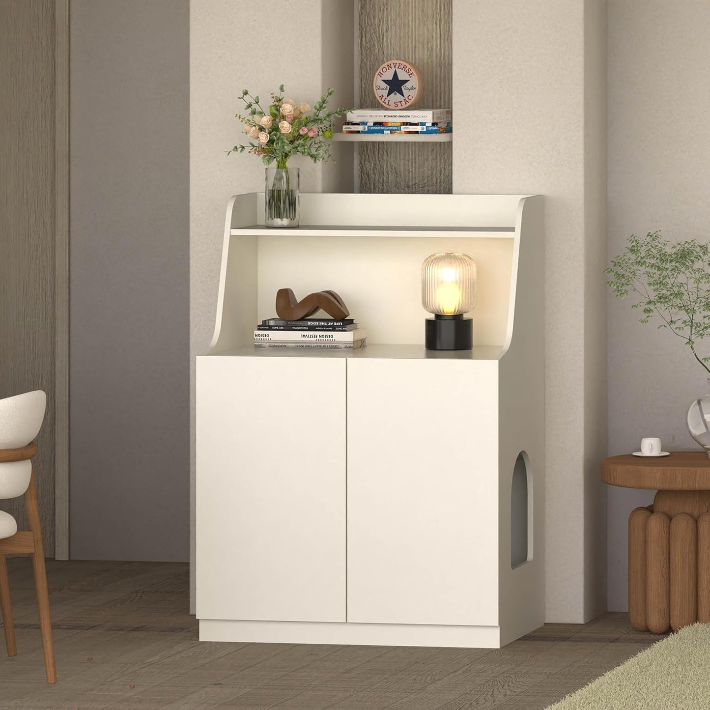 Large/Tall Litter Box Enclosure, Modern Wooden Litter Box Furniture for XL Litterbox with Open Shelf as Sideboard Cabinet (White)