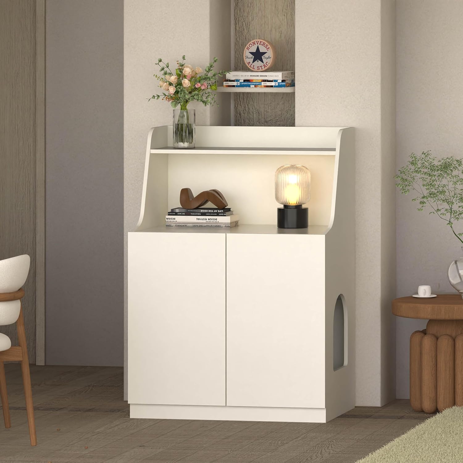 Large/Tall Litter Box Enclosure, Modern Wooden Litter Box Furniture for XL Litterbox with Open Shelf as Sideboard Cabinet (White)