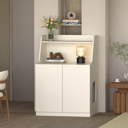 Large/Tall Litter Box Enclosure, Modern Wooden Litter Box Furniture for XL Litterbox with Open Shelf as Sideboard Cabinet (White)