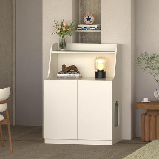 Large/Tall Litter Box Enclosure, Modern Wooden Litter Box Furniture for XL Litterbox with Open Shelf as Sideboard Cabinet (White)