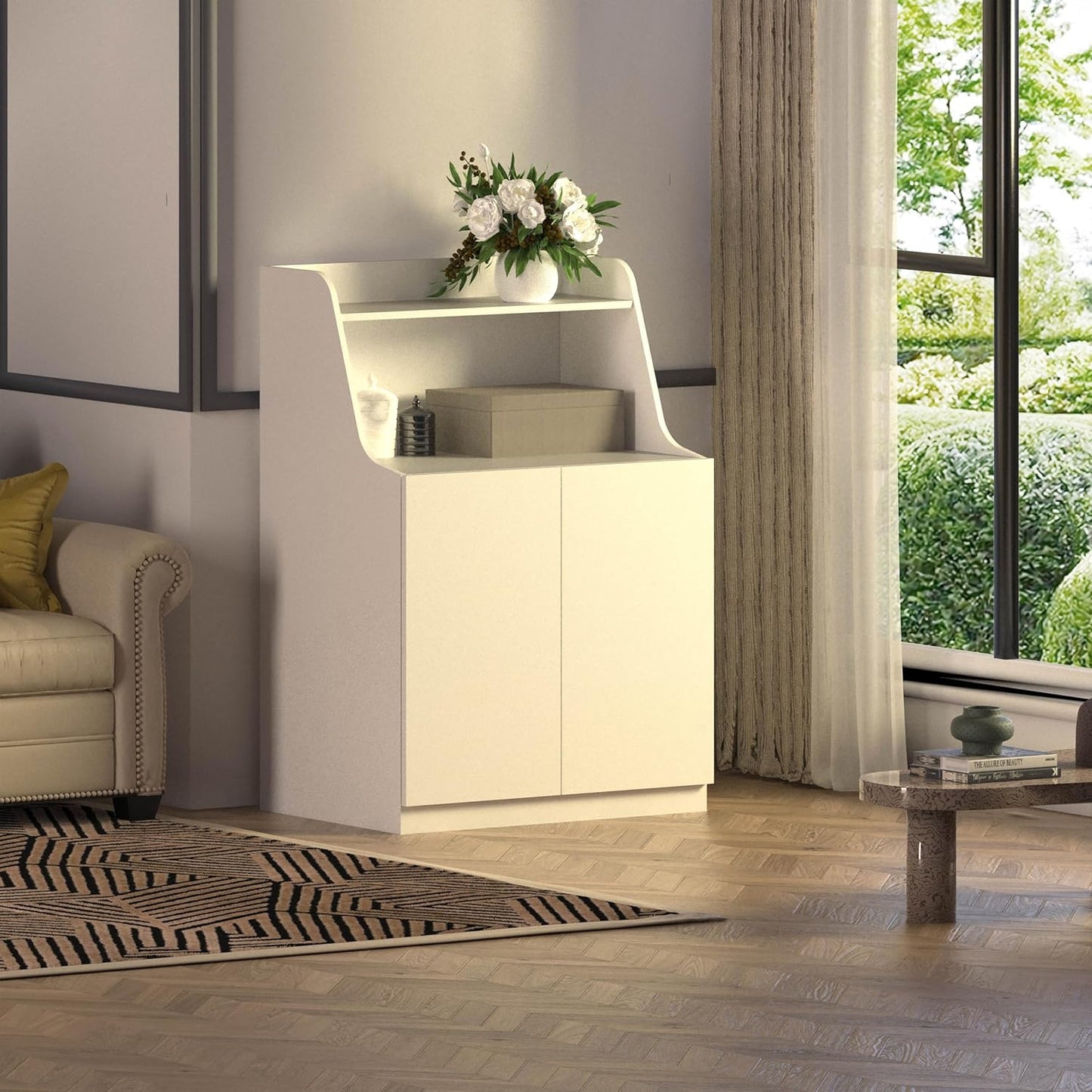 Large/Tall Litter Box Enclosure, Modern Wooden Litter Box Furniture for XL Litterbox with Open Shelf as Sideboard Cabinet (White)