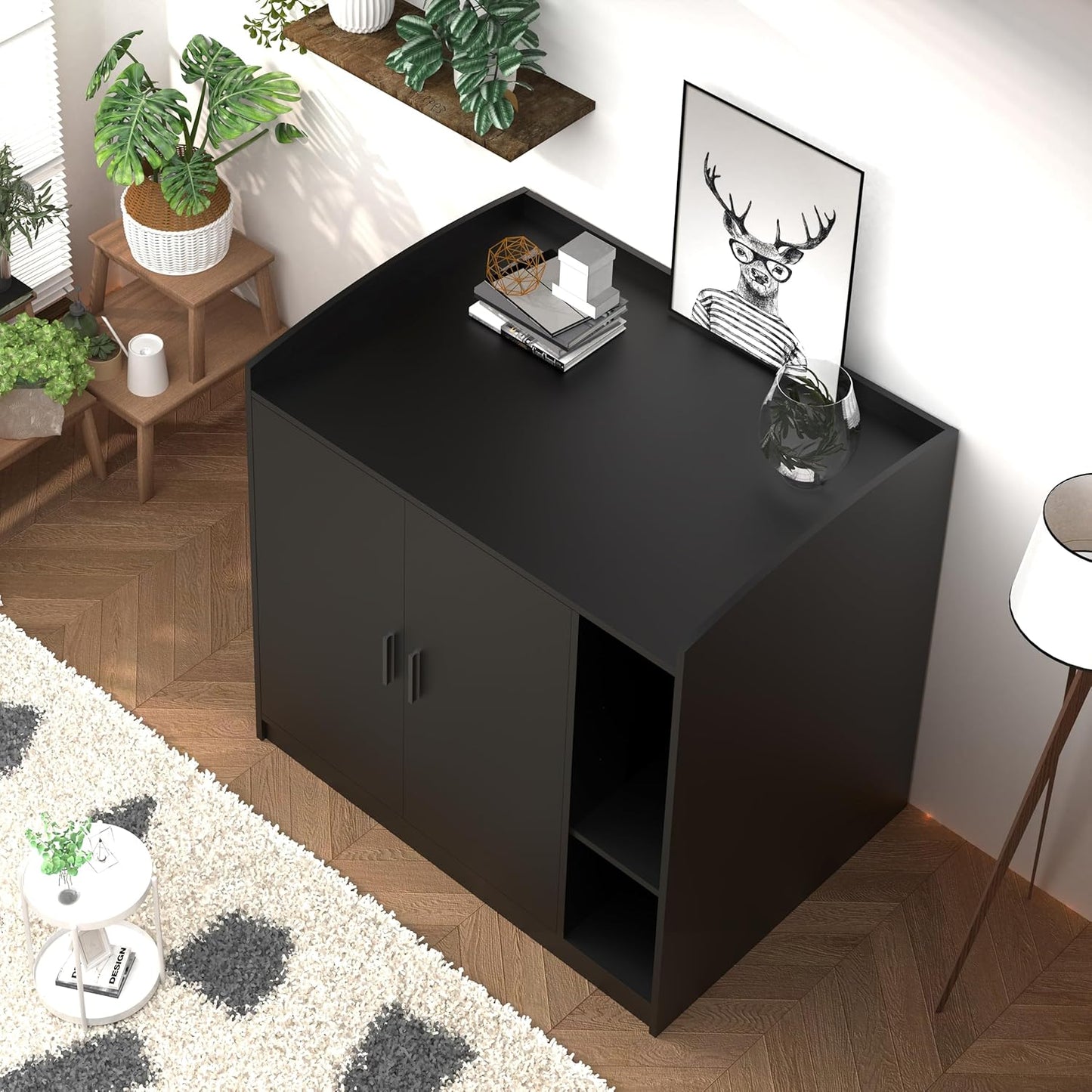 Extra Large Cat Litter Box Enclosure with Dog-Proof Shelf - Designed for Self-Cleaning & XXL Litter Boxes, Fits Litter Robot 3/4 (Black)