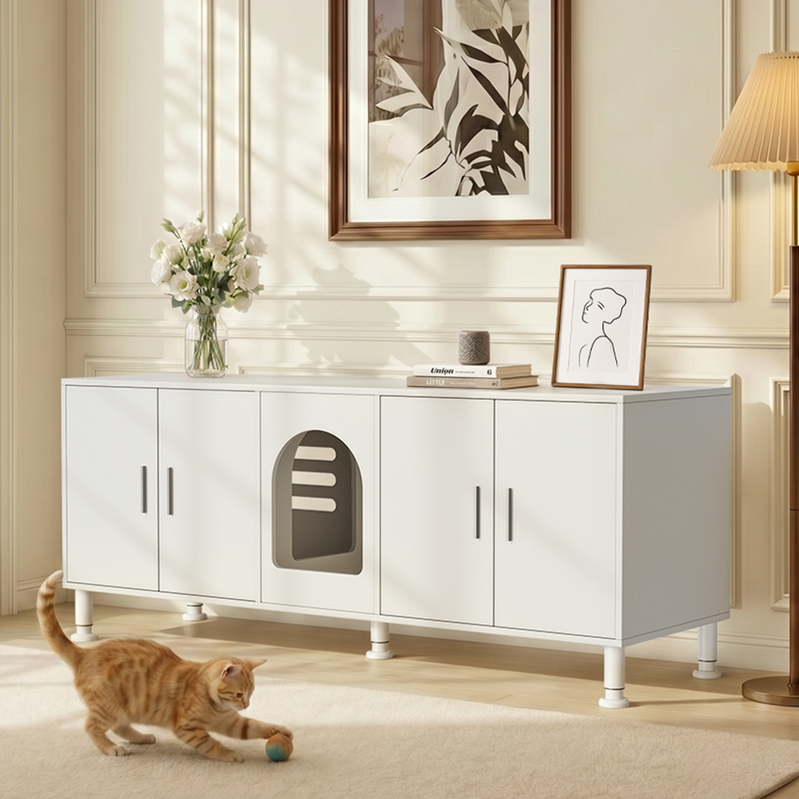 Amunrbrek Double Litter Box Enclosure Cabinet –  with Motion Light & Cat Door
