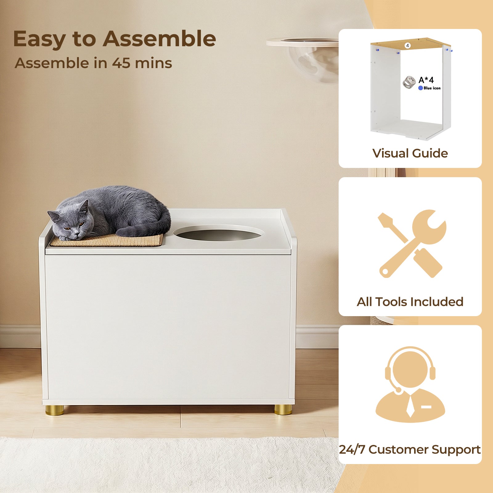 Amunrbrek Modern Cat Litter Box Enclosure Cabinet with Scratch Mat