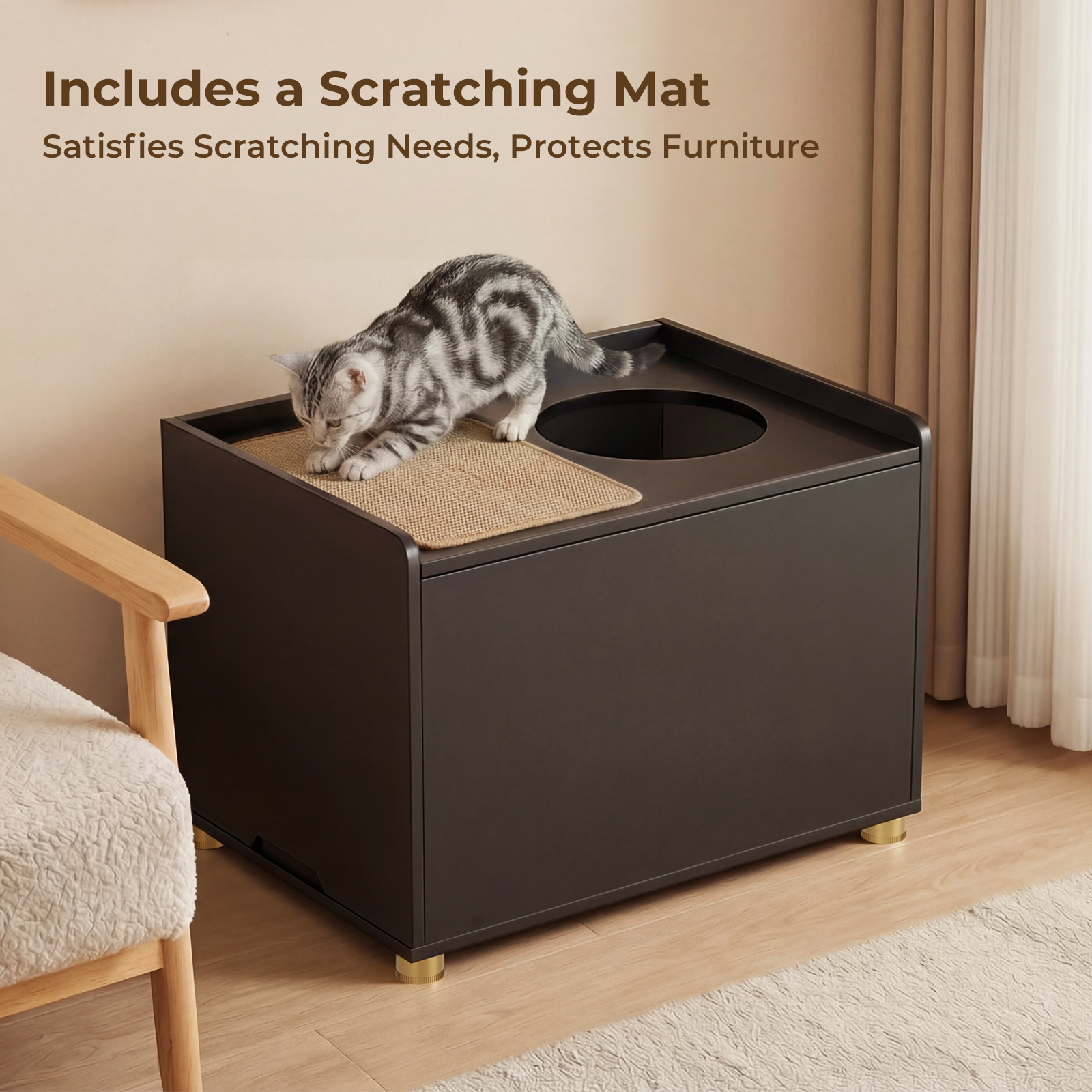 Amunrbrek Modern Cat Litter Box Enclosure Cabinet with Scratch Mat