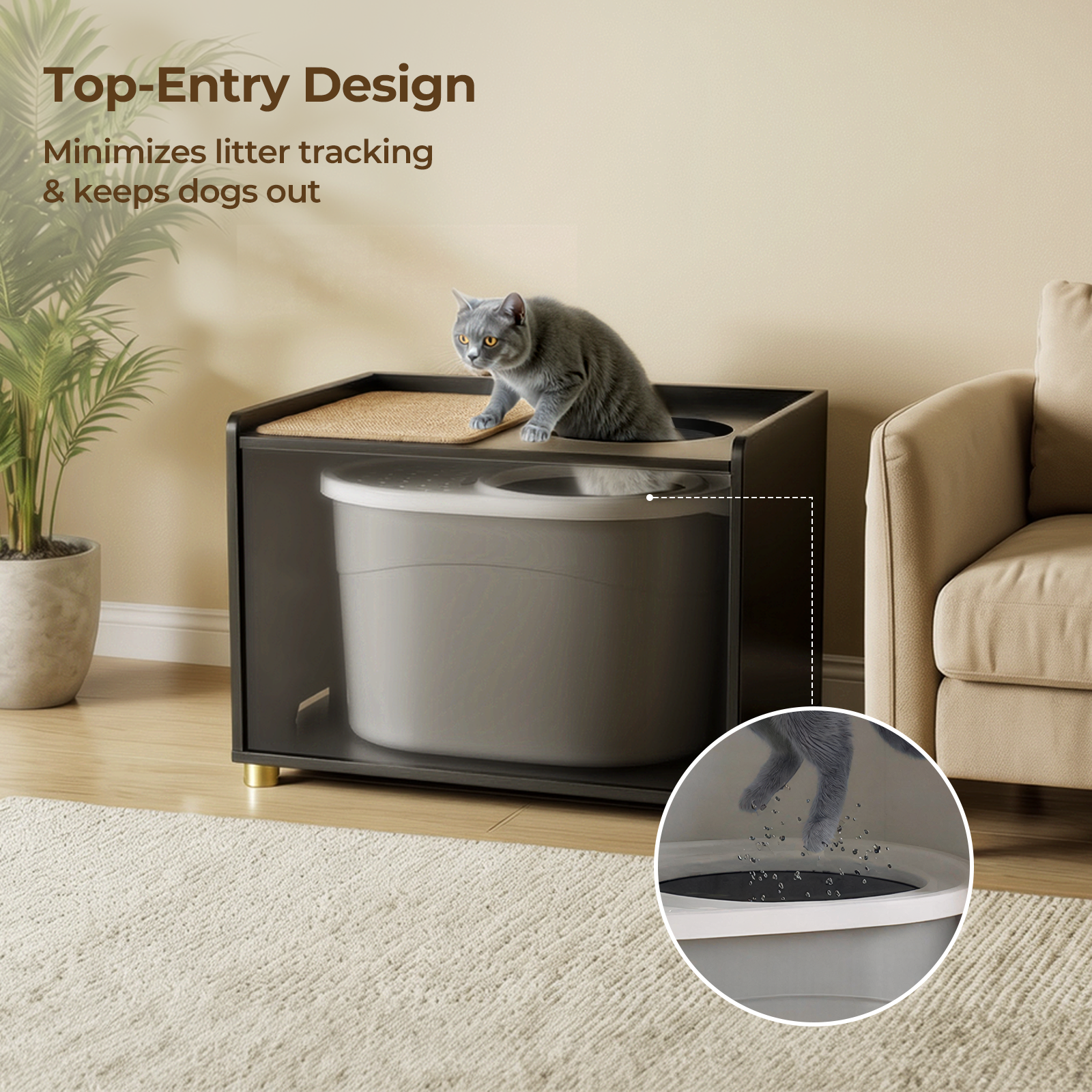Amunrbrek Modern Cat Litter Box Enclosure Cabinet with Scratch Mat