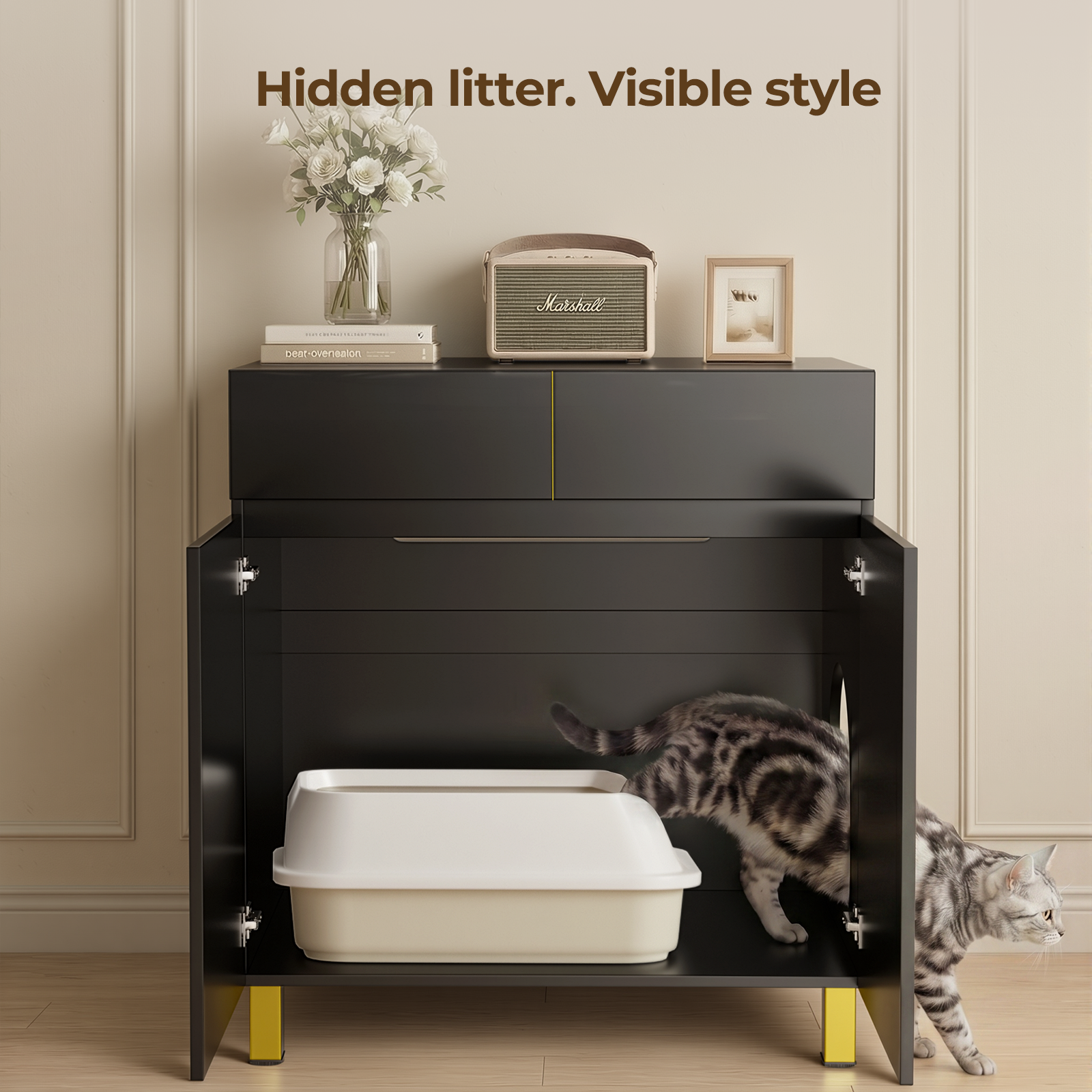 Amunrbrek Large Litter Box Enclosure Cabinet with Drawer
