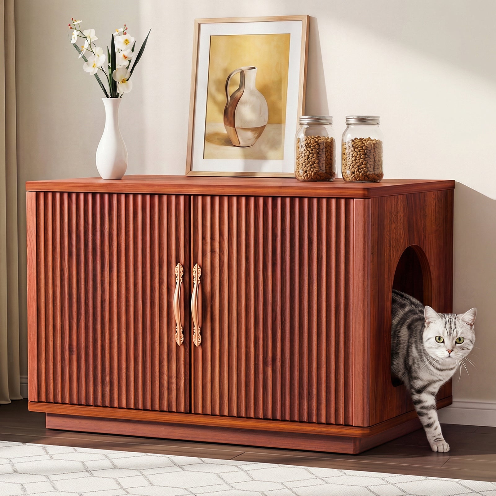 Amunrbrek 31.5" Walnut Fluted Cat Litter Box Enclosure Furniture Cabinet