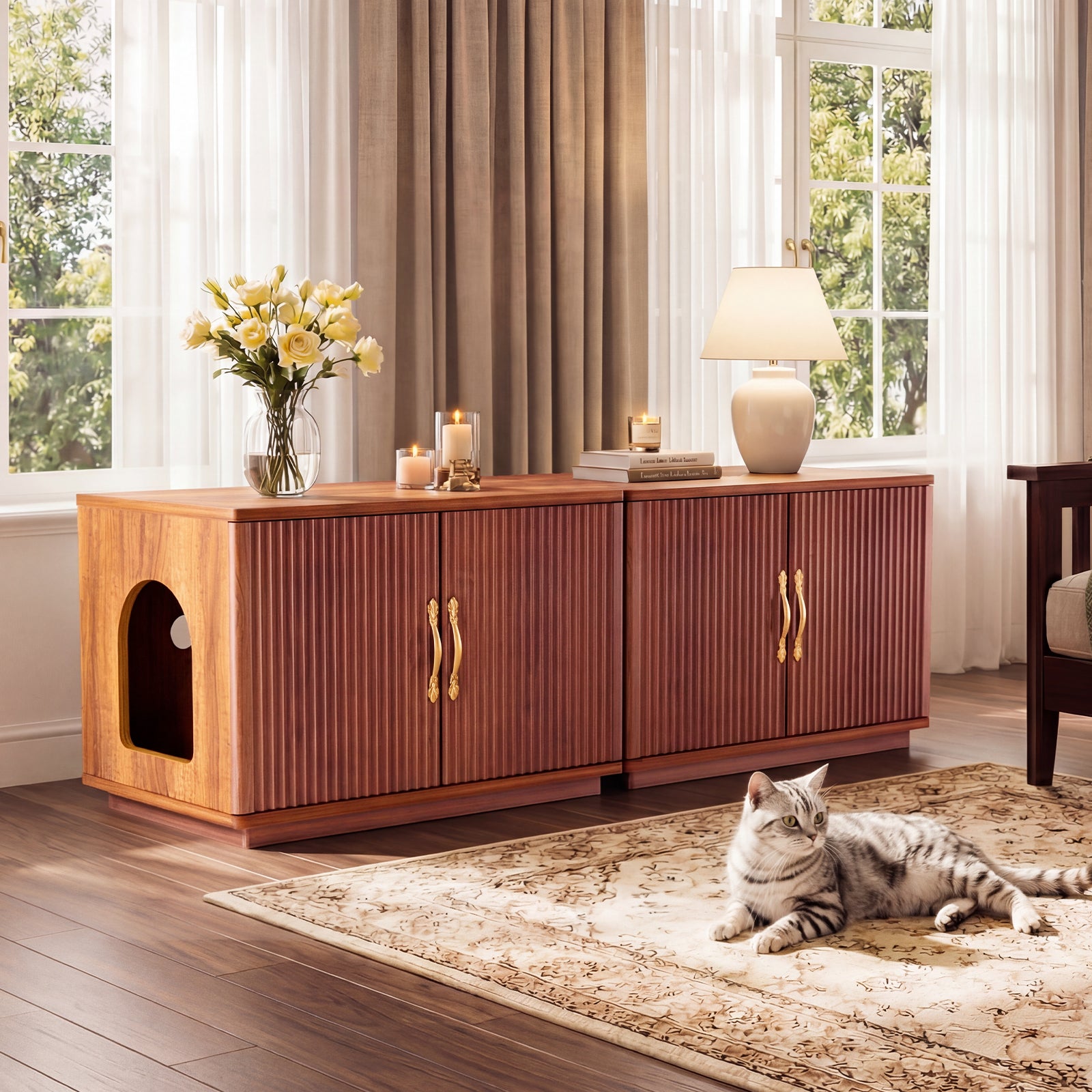 Amunrbrek 31.5" Walnut Fluted Cat Litter Box Enclosure Furniture Cabinet