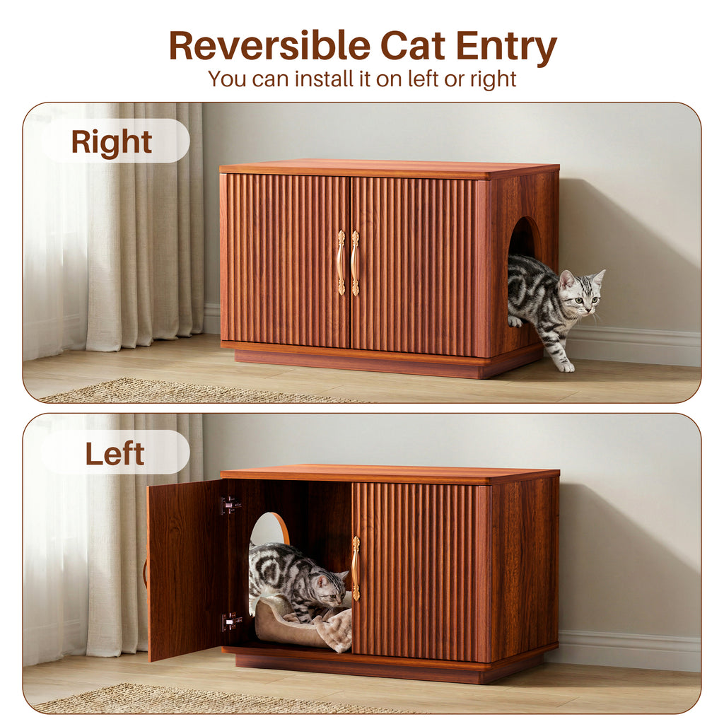 Amunrbrek 31.5" Walnut Fluted Cat Litter Box Enclosure Furniture Cabinet