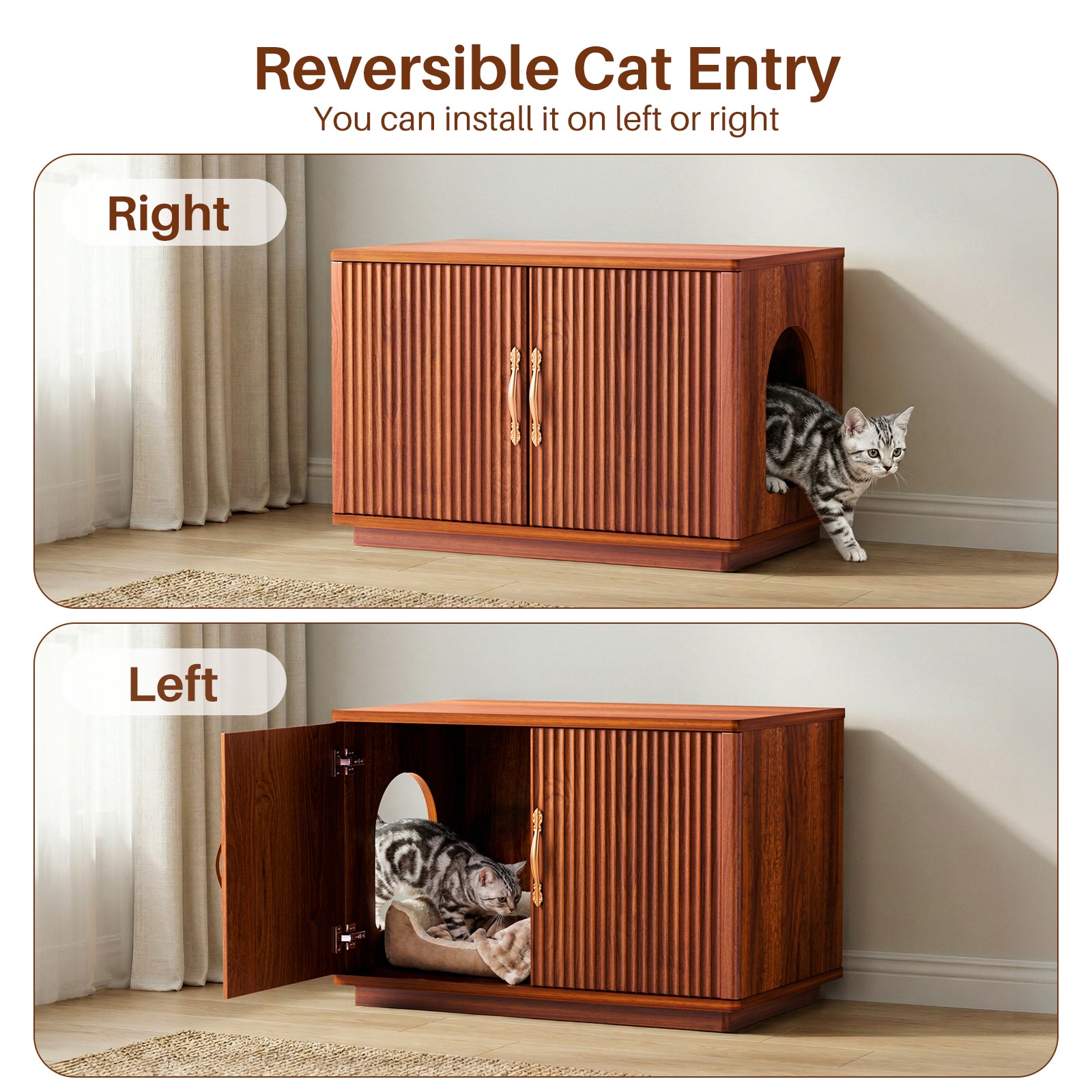 Amunrbrek 31.5" Walnut Fluted Cat Litter Box Enclosure Furniture Cabinet