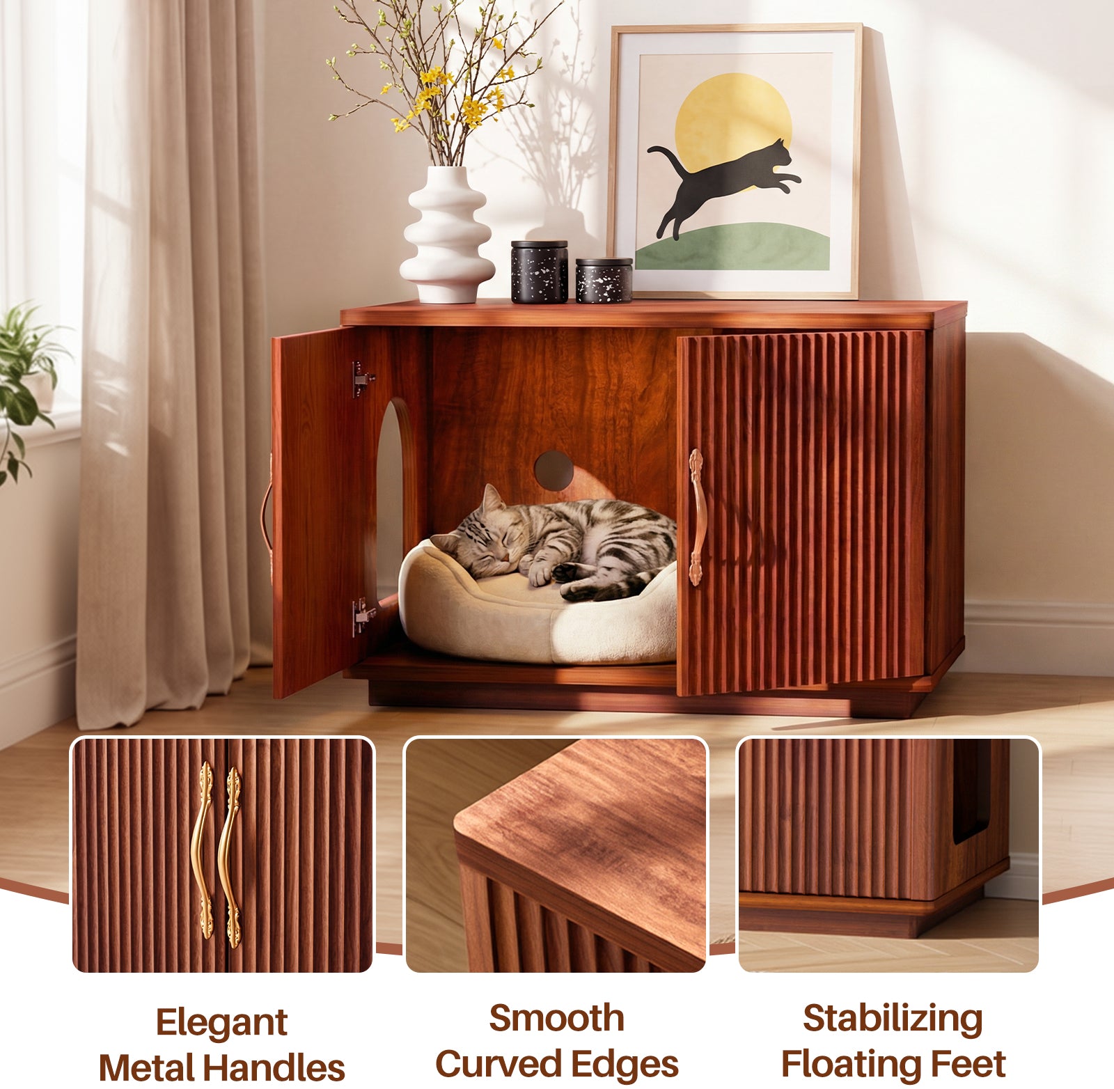 Amunrbrek 31.5" Walnut Fluted Cat Litter Box Enclosure Furniture Cabinet