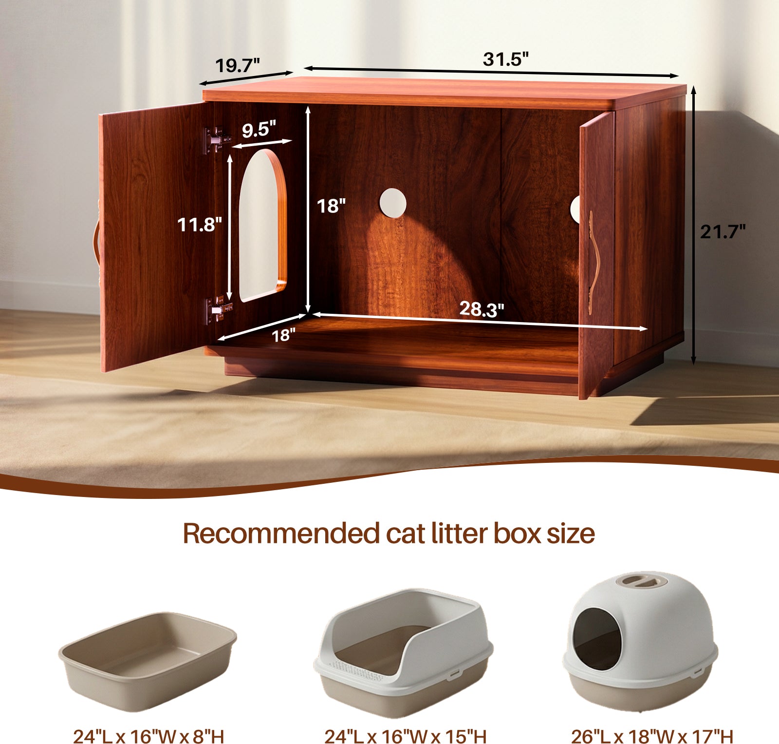 Amunrbrek 31.5" Walnut Fluted Cat Litter Box Enclosure Furniture Cabinet